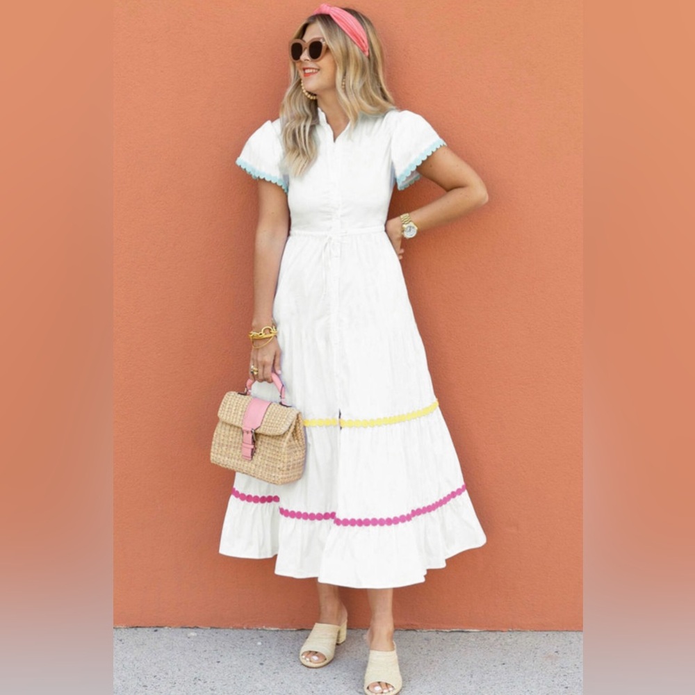 Ellie- White Dress with Colorful Ric Rac Trim - Picture 2 of 2